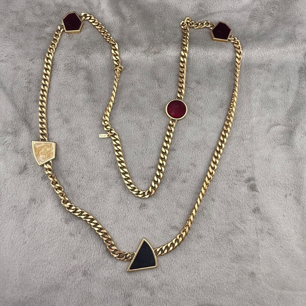 Vintage Monet Necklace Modernist Gold Tone Geometric Enamel Shapes 42"